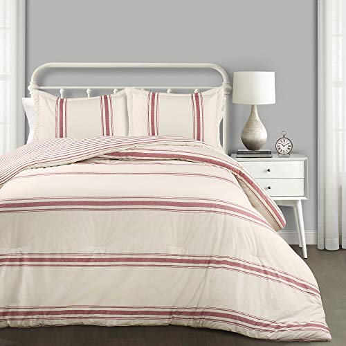 Lush Decor Farmhouse Stripe Reversible Cotton Comforter Set, 3 Piece Set, King, Red - Cozy Farmhouse Bedding Set - Rustic Decor - Striped Comforter - Modern Farmhouse Bedroom Decor Lush Decor