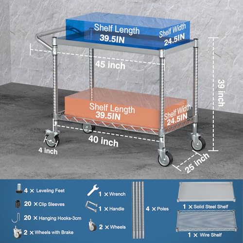 Leteuke 2 Tier Utility Tool Cart with Wheels, Heavy Duty Rolling Utility Carts with Handle, Commercial Grade Metal Serving Storage Cart for Warehouse Garage Kitchen, 25" D x 38.98" W x 40" H-Silver