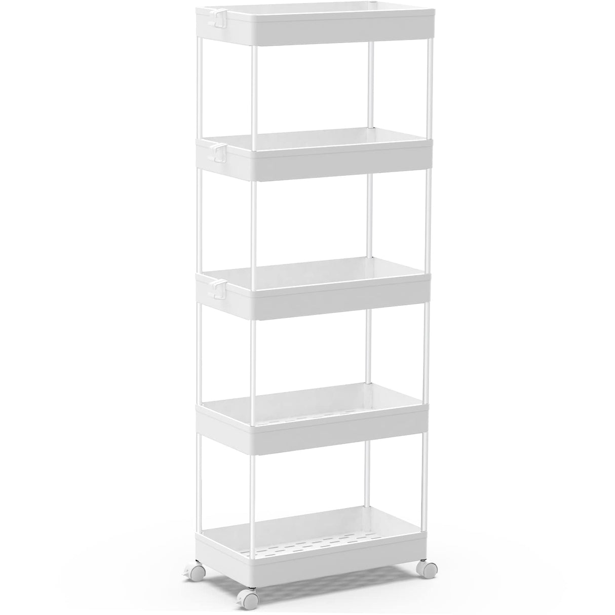 SPACEKEEPER 5-Tier Storage Cart Organizer Rolling Utility Cart, Mobile Shelving Unit Slide Out Storage Shelves for Kitchen Living Room Bathroom Laundry Room & Dressers, White SPACEKEEPER