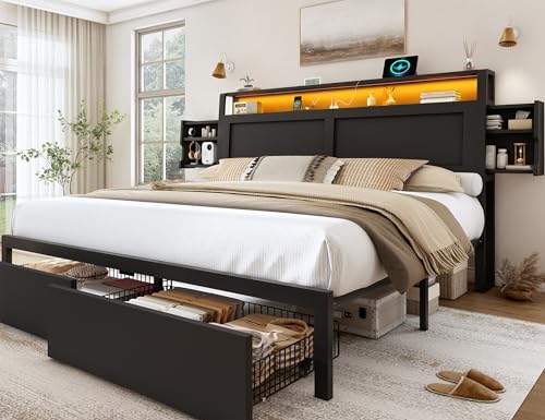 LARMACE King Size Bed Frame with Storage Drawers and Ergonomic Headboard,2-Tier Hidden Storage,Wooden Platform Bed Frame with Charging Station and LED Lights,No Box Spring Needed,Easy Assembly,Black LARMACE