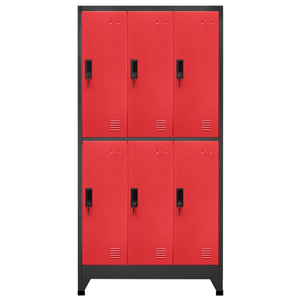 vidaXL Steel Locker Cabinet - Red and Anthracite - 35.4"x17.7"x70.9" - 6 Compartments with Lockable Doors, Ventilated, Name Tag Holders vidaXL