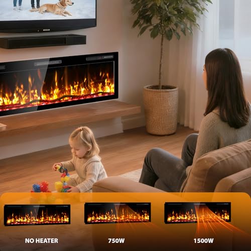 Kucreiheat 60" WiFi Electric Fireplace with Crackling Sound, Smart Linear Fire Place for Living Room, Recessed & Wall Mount Heater, 750/1500W, App & Remote Control, Timer, Log Flame Kucreiheat