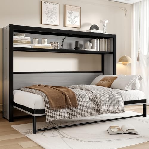 Harper & Bright Designs Twin Size Horizontal Murphy Bed with Shelves, Modern Metal Platform Bed Frame with Foldable and Space-Saving Design, for Home Guest Room Small Room, Grey Harper & Bright Designs