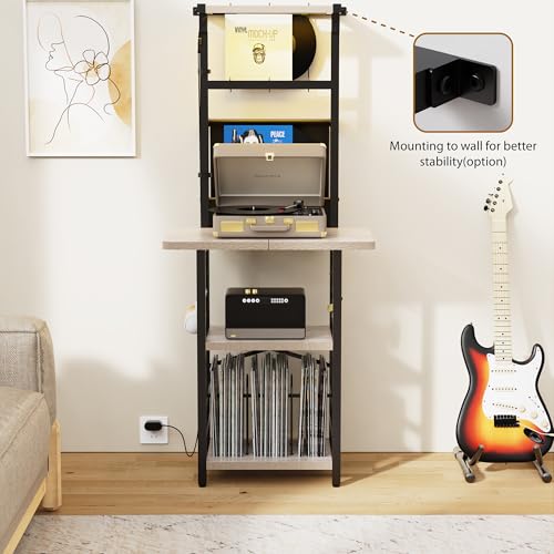 YAKANJ Record Player Stand with Led Light,Record Player Table with Vinyl Storage,Turntable Stand with Record Holder Vinyls Display Shelf for Music Room Studio,Greige YAKANJ