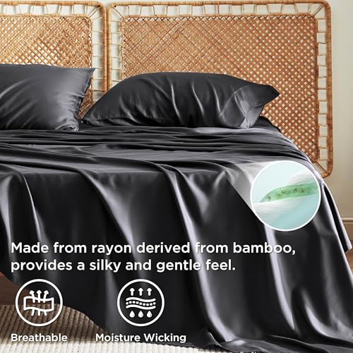 Bedsure King Size Sheet Set, Cooling Sheets King, Rayon Derived from Bamboo, Deep Pocket Up to 16", Breathable & Soft Bed Sheets, Hotel Luxury Silky Bedding Sheets & Pillowcases, Black Bedsure