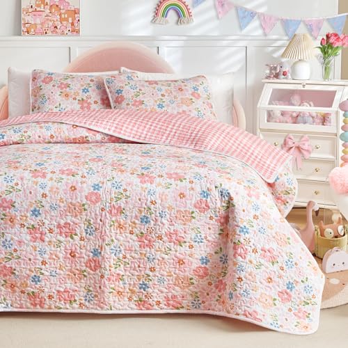 Joyreap 3 Pieces Cotton Quilt Set for Girls, Full/Queen Size Floral Pink Flowers Design, Cozy Lightweight Quilt Bedspread Bed Cover for All Season, 1 Quilt and 2 Pillow Shams- 90x90 inches Joyreap