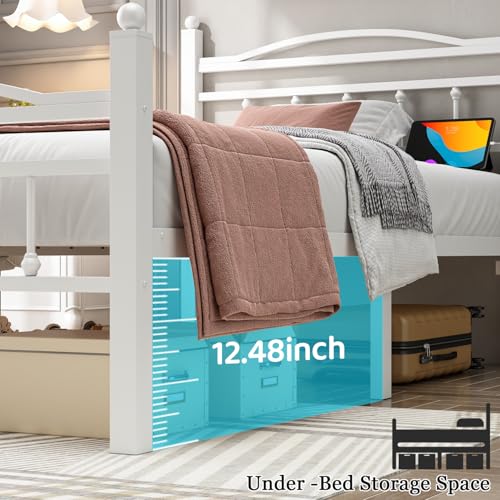 Jenmit Twin Bed Frames with Headboard, LED Bed Frame with Charging Station, Metal Platform, Under-Bed Storage, No Box Spring Needed, Noise Free, Easy Assembly, White Jenmit