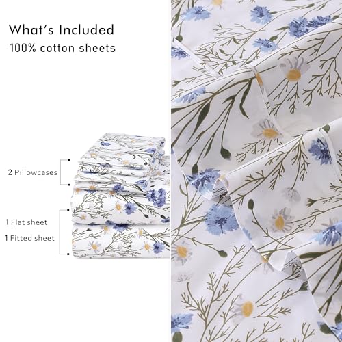 RUVANTI 100% Cotton Sheets – Queen Size Percale Bedding, Cooling & Breathable Floral Design, Durable with a Crisp, Soft & Comfortable Feel, 16" Deep Pocket, 4-Piece Set, Sweet Pea
