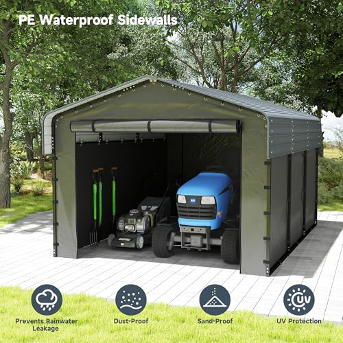 10x15FT Metal Carport Kits with Galvanized Steel Roof, Heavy Duty Metal Frame Carports Canopy with Removable Sidewalls, Garage Car Tent Shelter for Tractors, Boat, Car, Gray DOVELF
