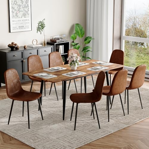 Rejeke 59"-75" Extendable Dining Table Set for 8,Wood Dining Room Table Set for 8,Mid Century Rectangular Kitchen Table with 8 Upholstered Chairs (Easy Assembly,Space-Saving) Rejeke