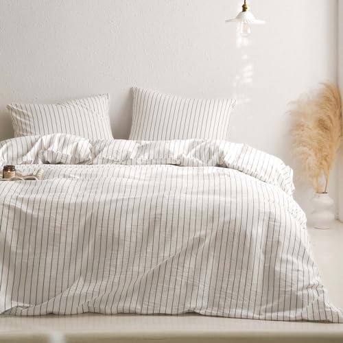 Wake In Cloud - Striped Cotton Duvet Cover Set, Ticking Stripe Vertical Pinstripe Farmhouse, 100% Washed Cotton Textured Percale Bedding Set, 3 Pieces, White, King Size Wake In Cloud
