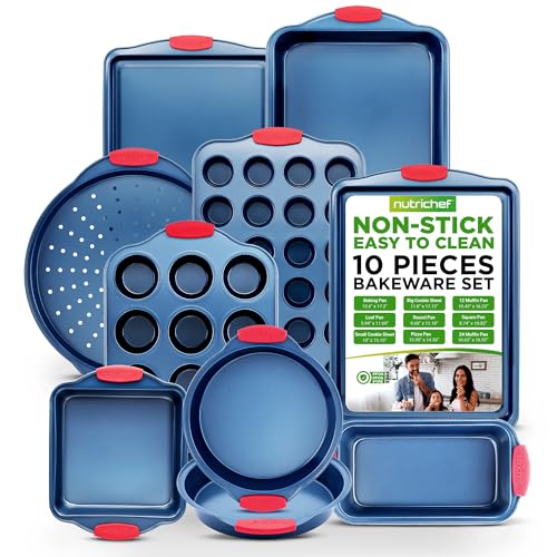 NutriChef 10-Piece Nonstick Bakeware Set - Premium Carbon Steel Baking Pans w/Silicone Handles - Includes Pizza Tray, 12 & 24 Cup Muffin Pans, Cookie Sheets, Round & Square Pans, Loaf Pan - Blue NutriChef