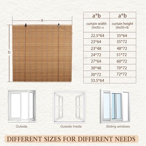 FoundGo 24" W*72" H Bamboo Roller Blinds Sun Shade,Retro Light Filtering Roller Bamboo Curtains Bamboo Roll Up Window Bamboo Roller Curtain Shades for Windows,Doorways. FoundGo