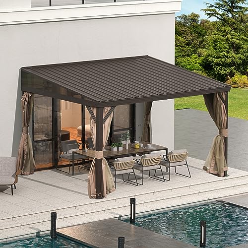 Domi 12x14FT Lean to Gazebo, Hardtop Wall Mounted Gazebo with Sloping Galvanized Steel Roof, Wall Pergola with Aluminum Frame, Curtains and Netting, for Patio, Deck, Garden, Backyard domi outdoor living