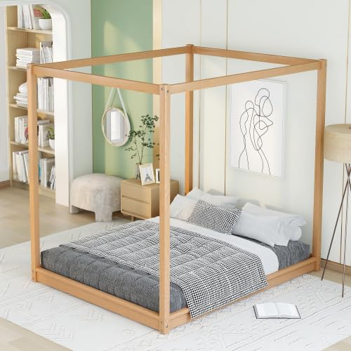 Harper & Bright Designs Queen Size Canopy Floor Bed with Support Legs, Wooden Canopy Platform Bed Frame, Natural Harper & Bright Designs