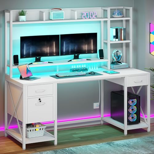 DWVO Computer Desk with Drawers & Hutch, 59.1" Office Desk with Power Outlets & LED Lights, Home Office Desk with Storage Shelves, White DWVO