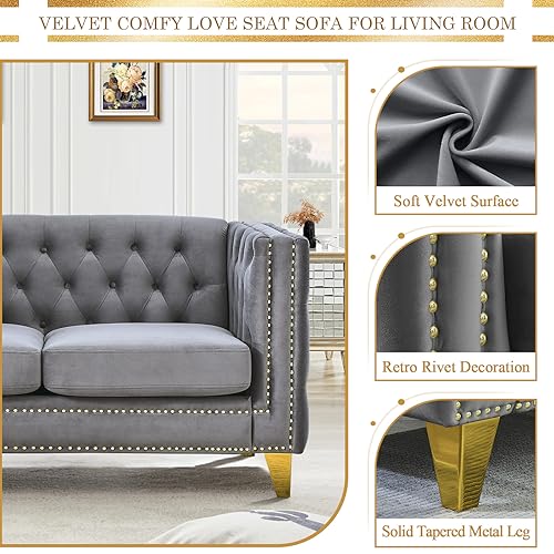 Velvet Living Room Sofa Set of 2, Comfy Loveseat and 3 Seater Couch, Modern Sofa with Tufted Back and Rivet Decoration, Upholstered Long Couch with Solid Golden Metal Tapered Legs, Grey KINFFICT