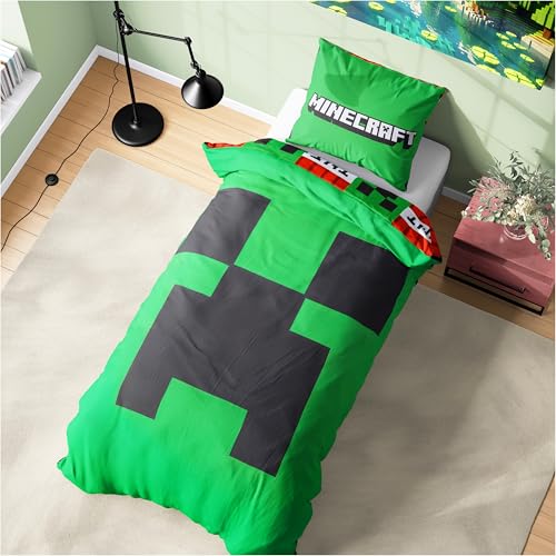 Get Trend Minecraft Single Duvet Cover Set with Pillowcase for Boys, 53"x79", Reversible Creeper TNT, Soft Boys Bedding, Gamer Gifts for Kids (Green Minecraft) Get Trend
