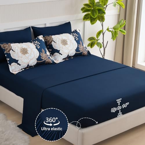 Luxudecor Floral Queen Comforter Set 7 Pieces Bed in a Bag, White Flower Print on Navy Blue Bedding Set, Soft Reversible Comforter with Sheet Set 90"x90" Luxudecor