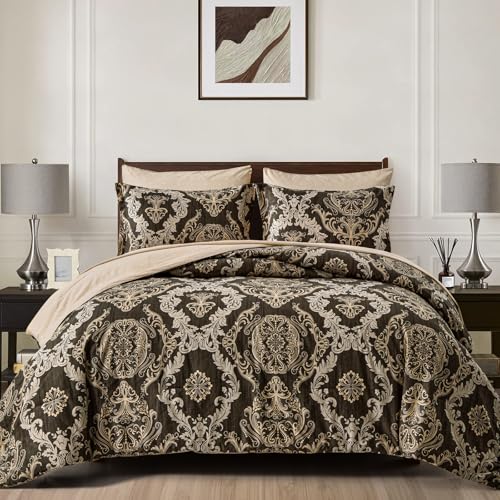 WONGS BEDDING 7 Pieces Comforter Set Queen Size,Damask Texture Design Bed in a Bag Bedding Sets,Brown Soft Lightweight Microfiber Bedding Set for All Season WONGS BEDDING