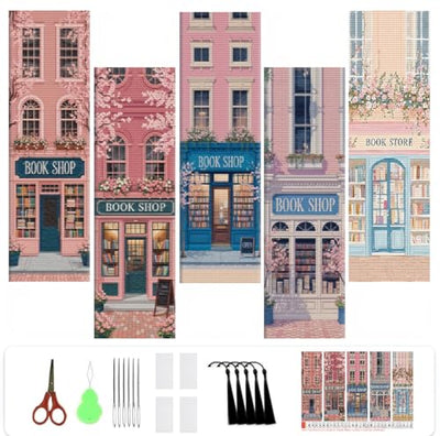 CreateJoy 5 PCS Book Shop Cross Stitch Bookmark Kits - Bookstore Counted Cross Stitch Kits for Beginners Adults, 14CT DIY Pattern Stamped Embroidery Bookmarks with Instructions Hand Embroidery Craft