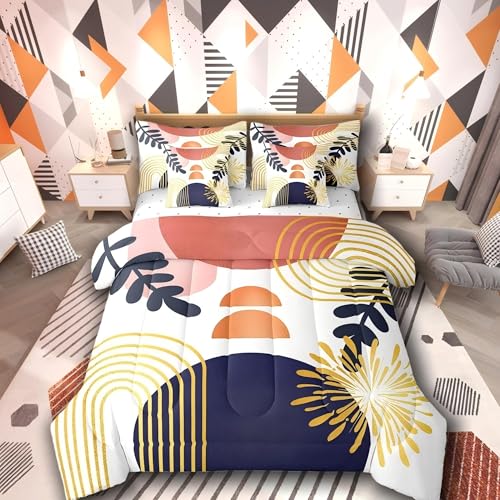 Boho Mid Century 7 Piece Comforter Set Full Bed in a Bag,Abstract Geometric Modern Minimalist Bedding Sets Geometric Line Art Sheet Set with Comforter,Circle Graphic Ombre Stripes Bed Set,Orange Blue Erosebridal