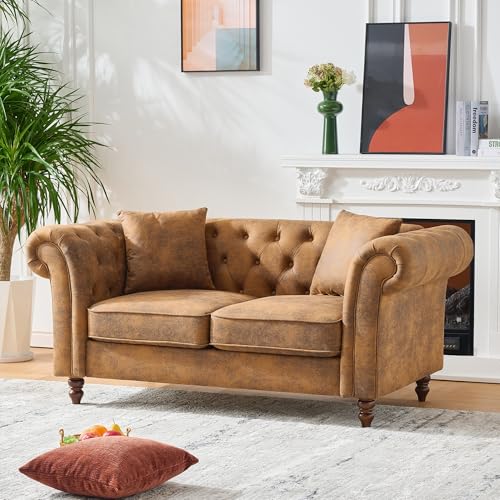 66" Chesterfield Tech Fabric Loveseat Sofa, High-Tech Fabric Upholstered Rolled Arm Couch, Tufted Mid Century Modern 2-Seater Sofa for Living Room, Office, Small Apartment,Brown TTK