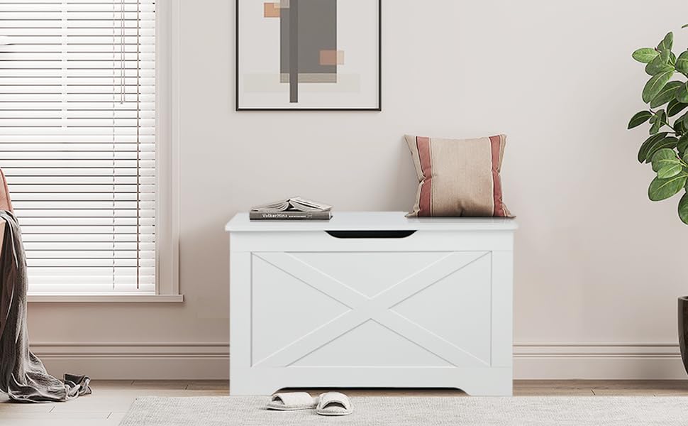 Timberer Storage Chest, Wooden Storage Bench, Entryway Shoes Bench with 2 Safety Hinges, Retro Storage Trunk for Living Room, Bedroom, 15.7 x 31.5 x 18.9 Inches, White Timberer