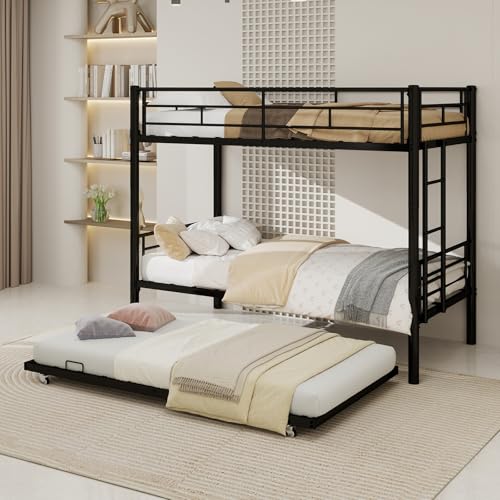IHUESHO Triple Bunk Bed with Trundle, 400lb Heavy Duty Metal Twin Over Twin Bunkbed, 13.19" Extra High Guardrail, 3-in-1 Convertible to 3 Separate Beds, Kids Teens Adults, No Box Spring (Black) IHUESHO