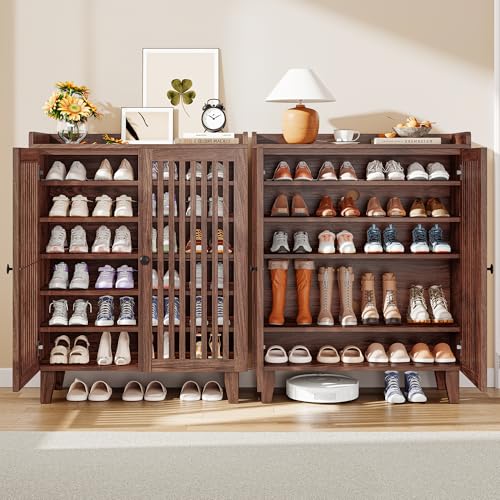 IRONCK Shoe Cabinet with Slatted Doors, 6-Tier Shoe Storage Cabinet with Adjustable Shelves, Wooden Shoe Rack Organizer for Entryway, Hallway, Closet, Living Room, Walnut IRONCK