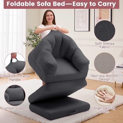 Korser Folding Sofa Bed, Convertible Sleeper Chair with Armrest, Floor Futon Couch with Pillow, Sleeper Single Chair for Adults, Couches for Living Room, Small Couches for Small Spaces,Grey Korser