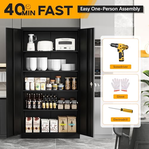 Greenvelly Metal Garage Storage Cabinet with 2 Doors and 4 Adjustable Shelves, 72" H Black Steel Lockable Storage Cabinet,Tall Metal Cabinet Locking File Cabinet for Office,Home, Garage, Gym, School Greenvelly