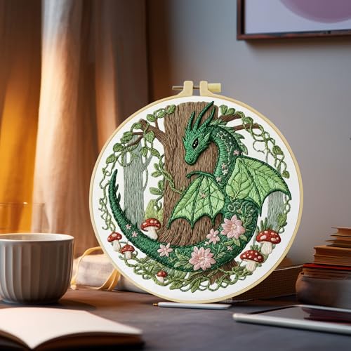 ZuoAnLF Green Dragon Handmade DIY Embroidery kit for Beginners Adult,ncludes Embroidery Cloth, Instructions, Embroidery Frame and Needle and Thread, Suitable for Craft Lover Hand Stitch Gifts