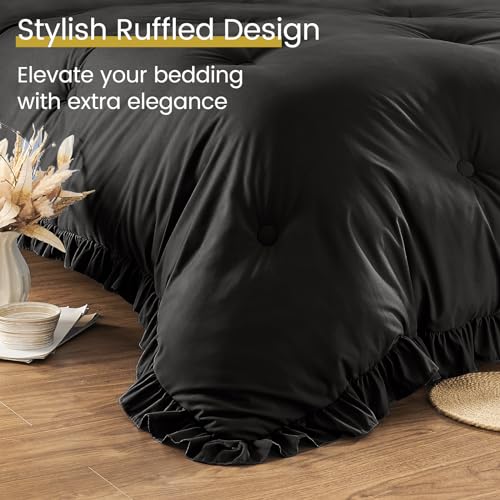 QUIETSEA King Size Bed in a Bag 7 Pieces King Size Comforter Set, Ruffle Shabby Chic Bedding Comforter Set Black Bed Set with Comforter, Pillowcases, Flat Sheet, Fitted Sheet and Pillow Shams QUIETSEA