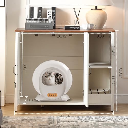 FOREST GRAVITY Cat Litter Robot Enclosure,for Placing Litter Robot 3/4,Power Outlet and Dog-Proof Shelf for Litter Robot Cabinet,Litter Collector for Automatic Litter Box Enclosure,Antique White FOREST GRAVITY