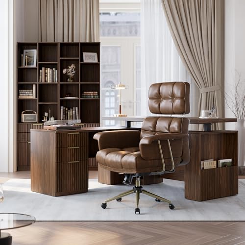 Perledesign Executive Leather Office Chair - Brown Ergonomic Desk Chair with Thick Cushion & Lumbar Support, Comfy Mid Century Modern Swivel Computer Chair for Home Office Perledesign