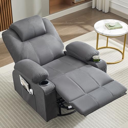 Weture Oversized Swivel Rocker Recliner Chair with Heat and Massage, Big Large Recliner Chair for Living Room, 360 Degree Swivel Rocking Single Sofa with Cup Holders and USB Port (Fabric, Darkgrey)