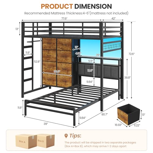 DICTAC Twin Over Twin Bunk Bed with 8 Storage Drawers and Led Lights Metal Bunk Beds with Storage Headboard and Charging Station,L-Shaped bunk Bed for Kids/Teen with Safety Guardrail and Ladder,Black DICTAC