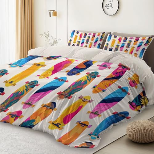 White Printed Duvet Cover for Kids Girls Women Blossom - Soft and Breathable Cartoon Skateboard Minimalist Bedding Set, Quilt Cover Single Size Room Decor with 2 Pillow Case Generic
