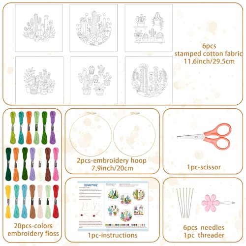 BEUNITONE Cactus Embroidery Kit for Beginners, 6PC Succulent Plant Themed Needlepoint Kits for Adults with Hoops, Threads, Needles, Instructions and Full Kits, DIY Home Decor Craft Gift for Adults