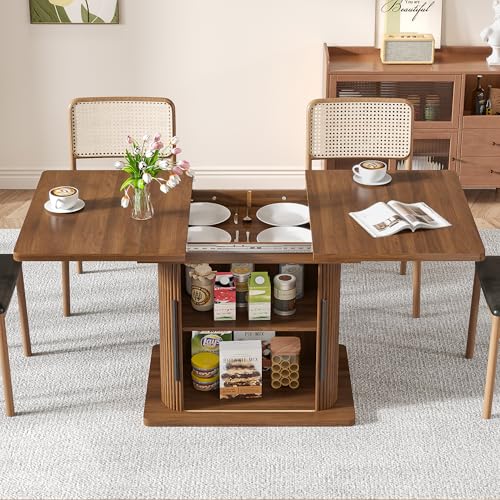 Extendable Dining Room Table for 4-6, 47-65 Inch Rectangle Kitchen Dining Table with Large Storage, Fluted Sliding Door, Expandable Mid Century Modern Dinner Furniture, Living Room, Walnut, Brown Woemtoric