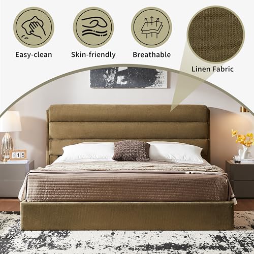 Zanmintaobo Lift Up Storage Bed King Size, Upholstered Platform Bed with Hydraulic System & Wood Slats Support, King Bed Frame with 3-Panel Headboard, No Box Spring Needed, Easy Assembly, Green Zanmintaobo