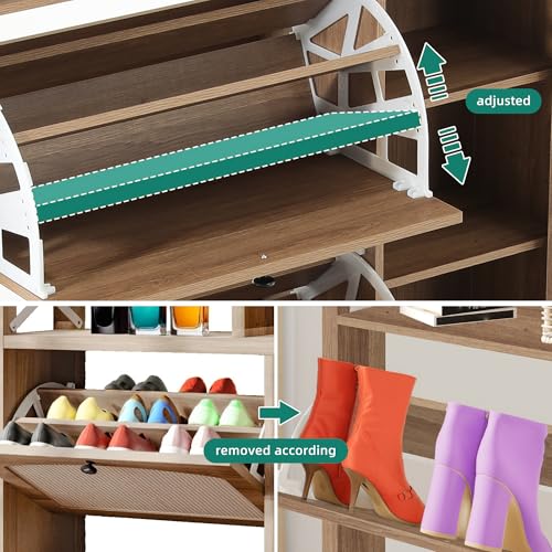 YITAHOME Farmhouse Shoe Cabinet with 2 Flip Drawers, Rattan Shoe Rack w/Adjustable Shelves and Open Storage, Rustic Wood Entryway Organizer for Hallway, Foyer, Porch, Living Room, Light Oak YITAHOME