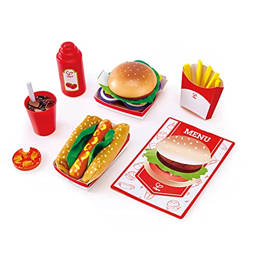 Hape Fast Food Set |Wooden Diner Fast Food Toy Set, Classic American Meal for Pretend Play Includes Burger, French Fries, Hotdogs & Cola Hape