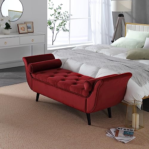 Hdxdkog Velvet Storage Bench for Bedroom End of Bed, 65" Upholstered Rolled Armed Button Tufted Stool Bench, Storage Ottoman Long Bench with with 2 Pillows for Entryway (Wine Red) Hdxdkog