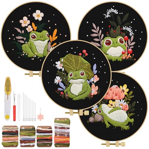 TINDTOP 4 Pack Embroidery Kit for Adult, Embroidery DIY Starter Kit, with Stamped Patterns, Hoop, Tools, Colorful Threads with Needles, Instructions