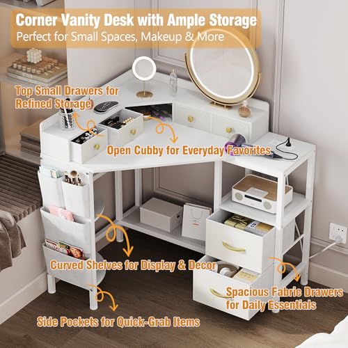Espelism Corner Vanity Desk with Charging Station, 49.6" Makeup Table with Fabric Drawers & Side Pocket, Space-Saving Dressing Table for Small Space Bedroom Dorm(White) Espelism