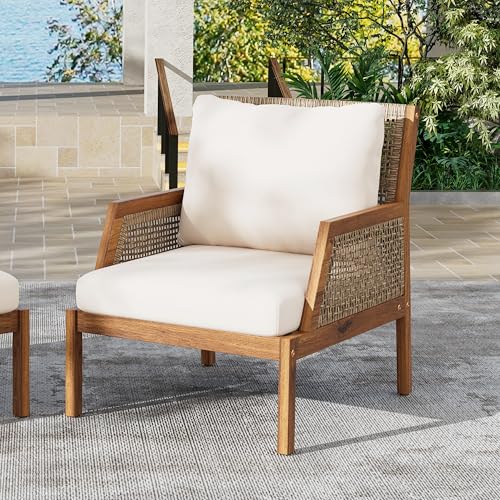 Christopher Knight Home Lena Patio Accent Chair, Acacia Wood Club Chair, Wicker Backrest Armchair, Upholstered Cushion Seating, Wooden Chairs for Balcony Backyard Garden, 23.5" 400lbs Teak+Cream Christopher Knight Home