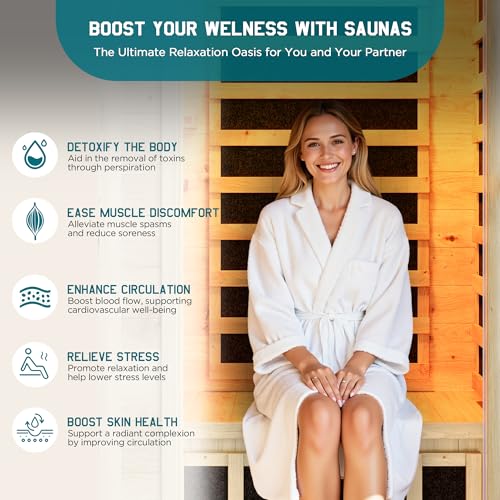 Albott Outdoor Sauna 1 Person, Infrared Saunas for Home, Low EMF 110V Spruce Wood Dry Sauna with Tourmaline Stone Foot Warmer, 7-Color Light Therapy & 2 Bluetooth Speakers, 33.5"x35.4"x78.7" Albott