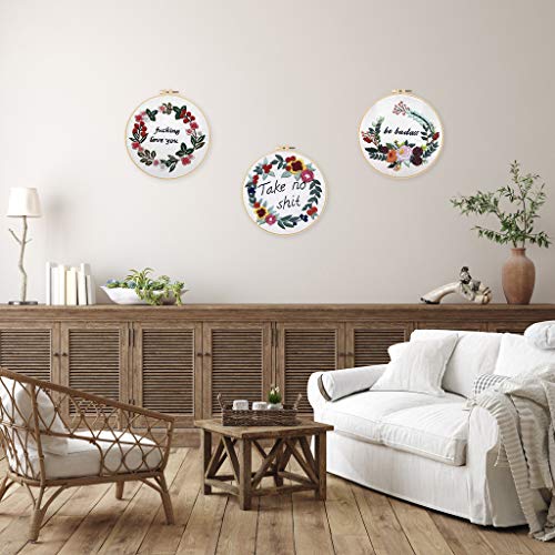 Louise Maelys Embroidery Starter Kit with 3 Hoops for Adults Funny Floral Wreath Pattern for Beginners Needlepoint Kits